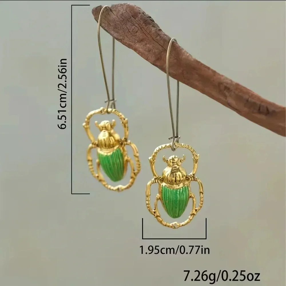 Vintage Gold Scarab Green Beetle Dangle Earrings